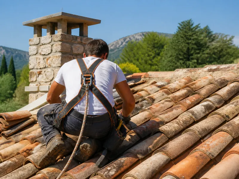 Couvreur au travail sur un toit de tuiles près d’Avignon