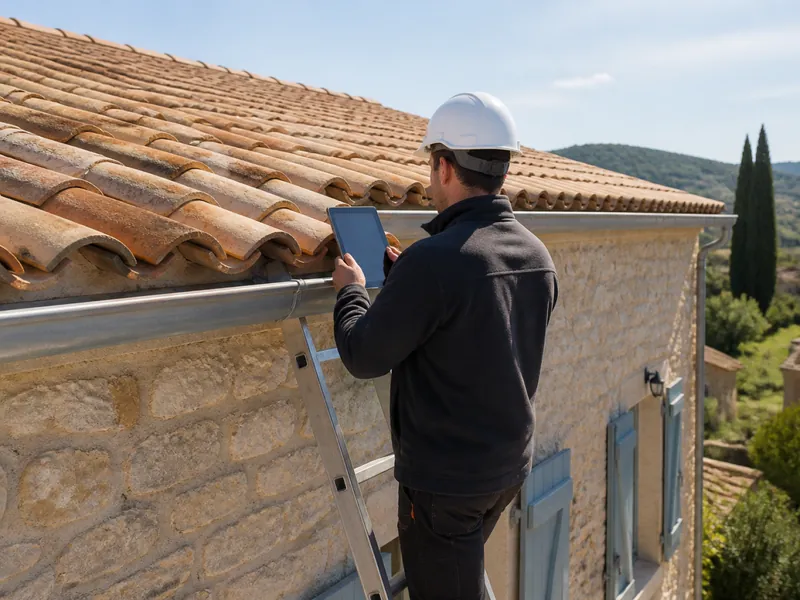 Couvreur inspectant une toiture avant d’établir un devis