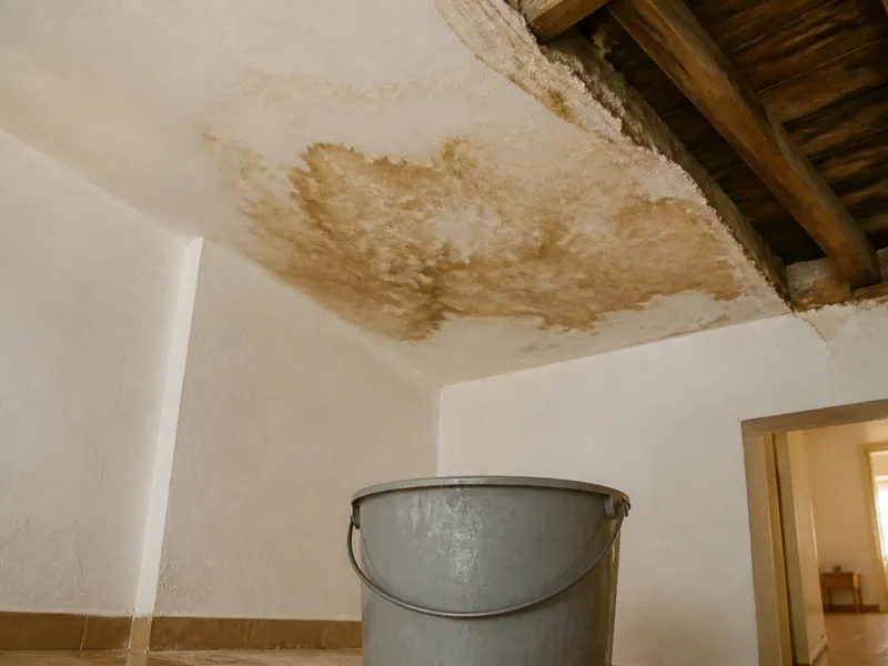 Tache d’humidité au plafond sous les combles après une fuite de toiture