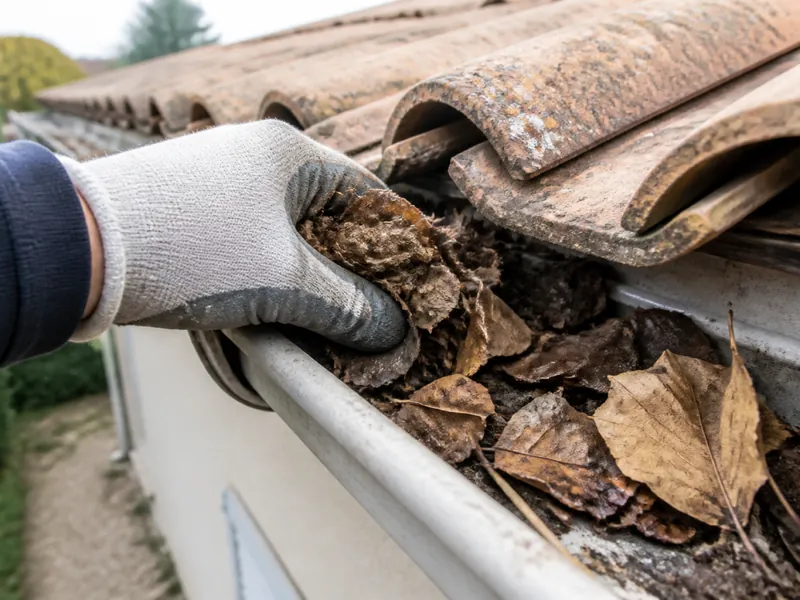 Nettoyage d’une gouttière remplie de feuilles sur un toit d’Avignon