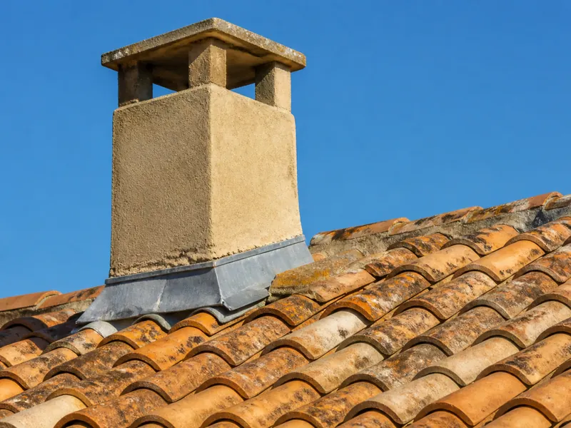 Zinguerie et solin au pied d’une cheminée sur un toit d’Avignon